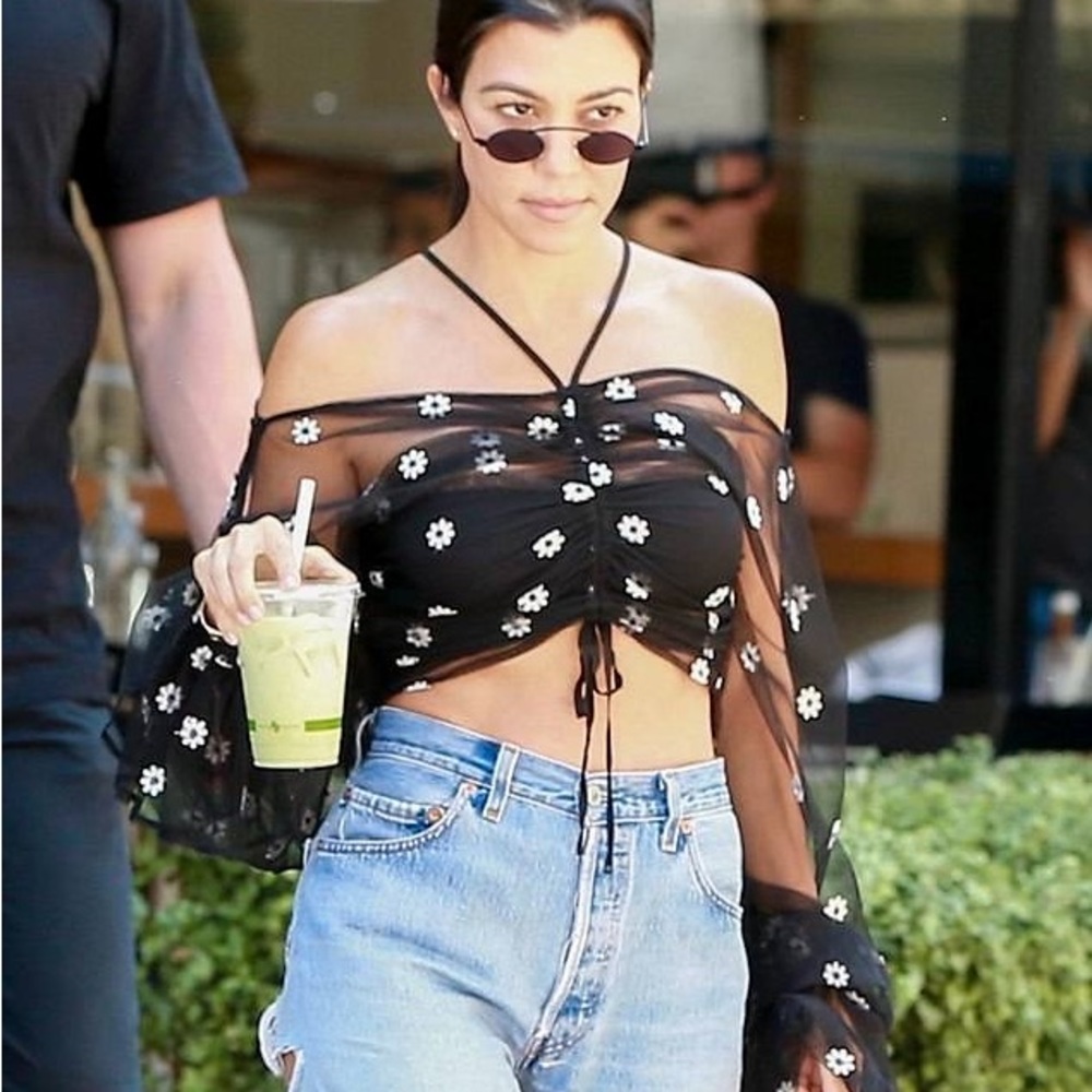 Alice McCall daisy long sleeve sheer crop top seen on kourtney kardashian